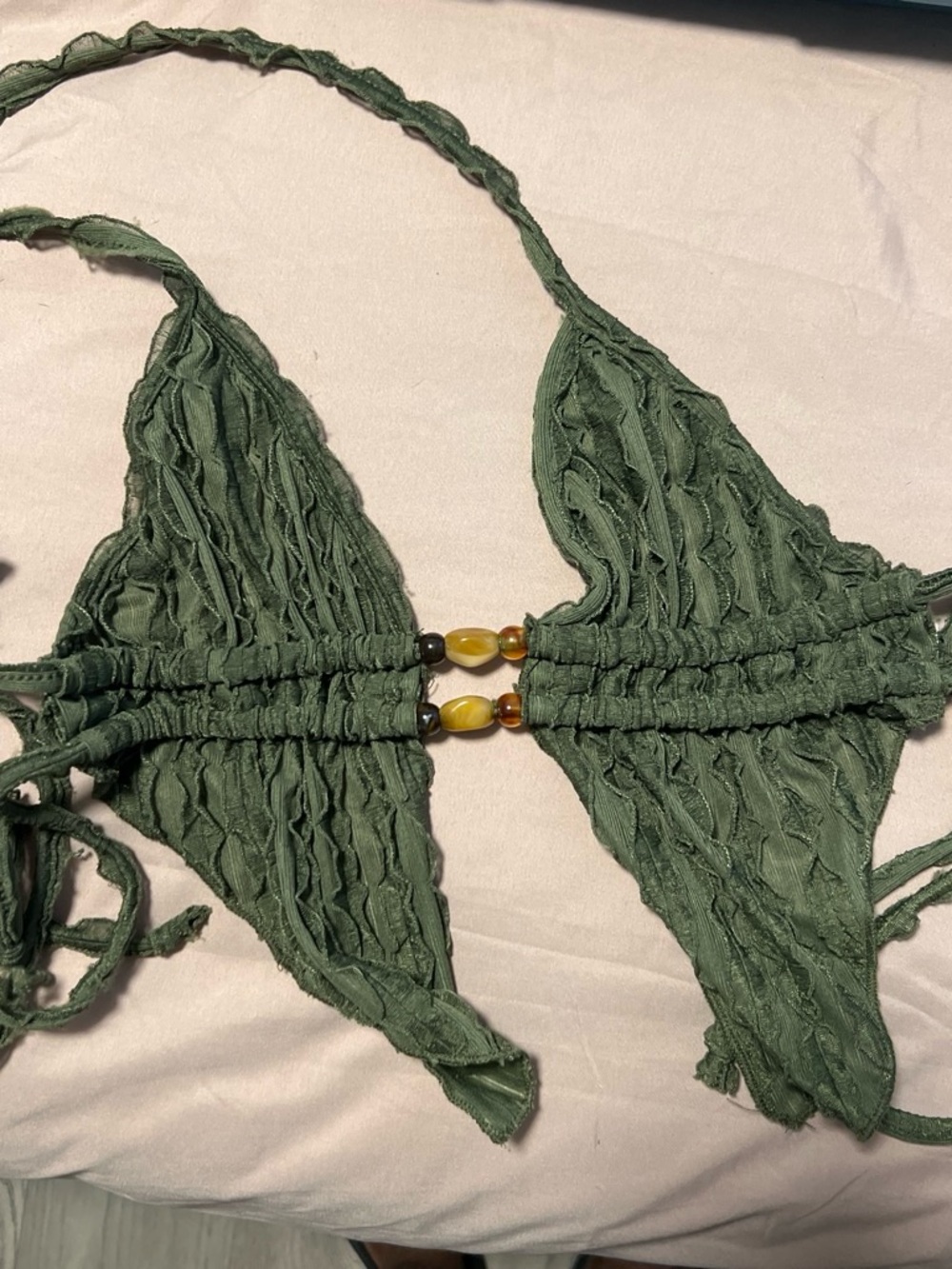 Green Textured Triangle Bikini Top with Bead Accent